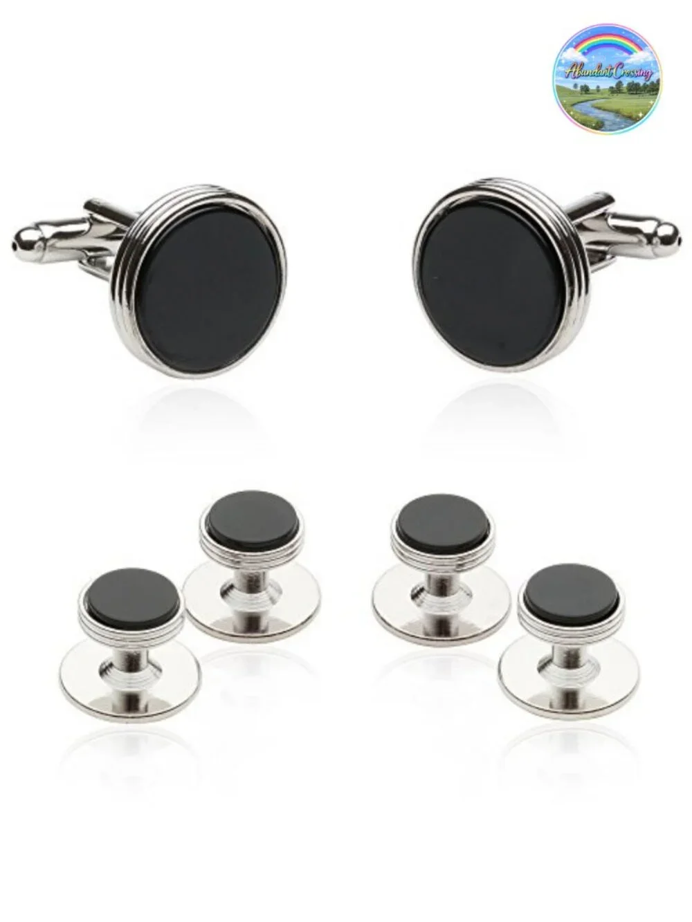 Tuxedo Cufflinks & Studs Set, Genuine Black Onyx & Silver Tone, Formal Wedding